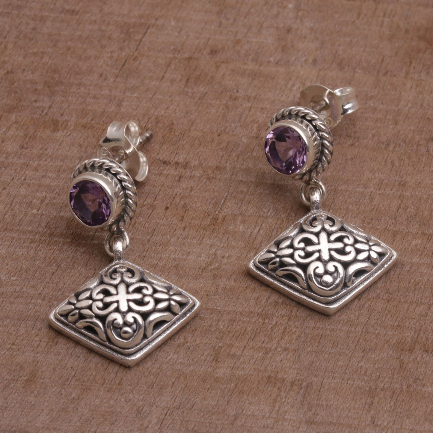 Diamond Dew Amethyst Dangle Earrings with Diamond Shapes from Bali