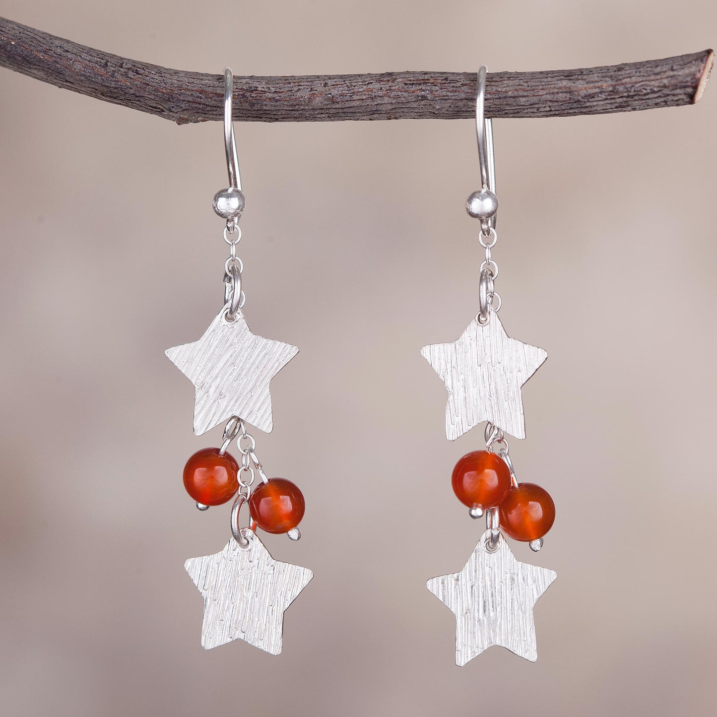 Racing Stars Carnelian and Silver Star-Shaped Dangle Earrings from Peru