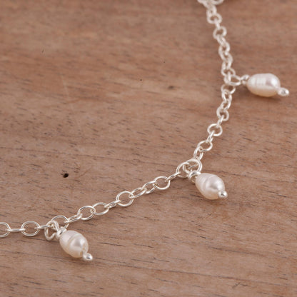 Fresh Walk Dangling Cultured Pearl and Sterling Silver Anklet from Peru