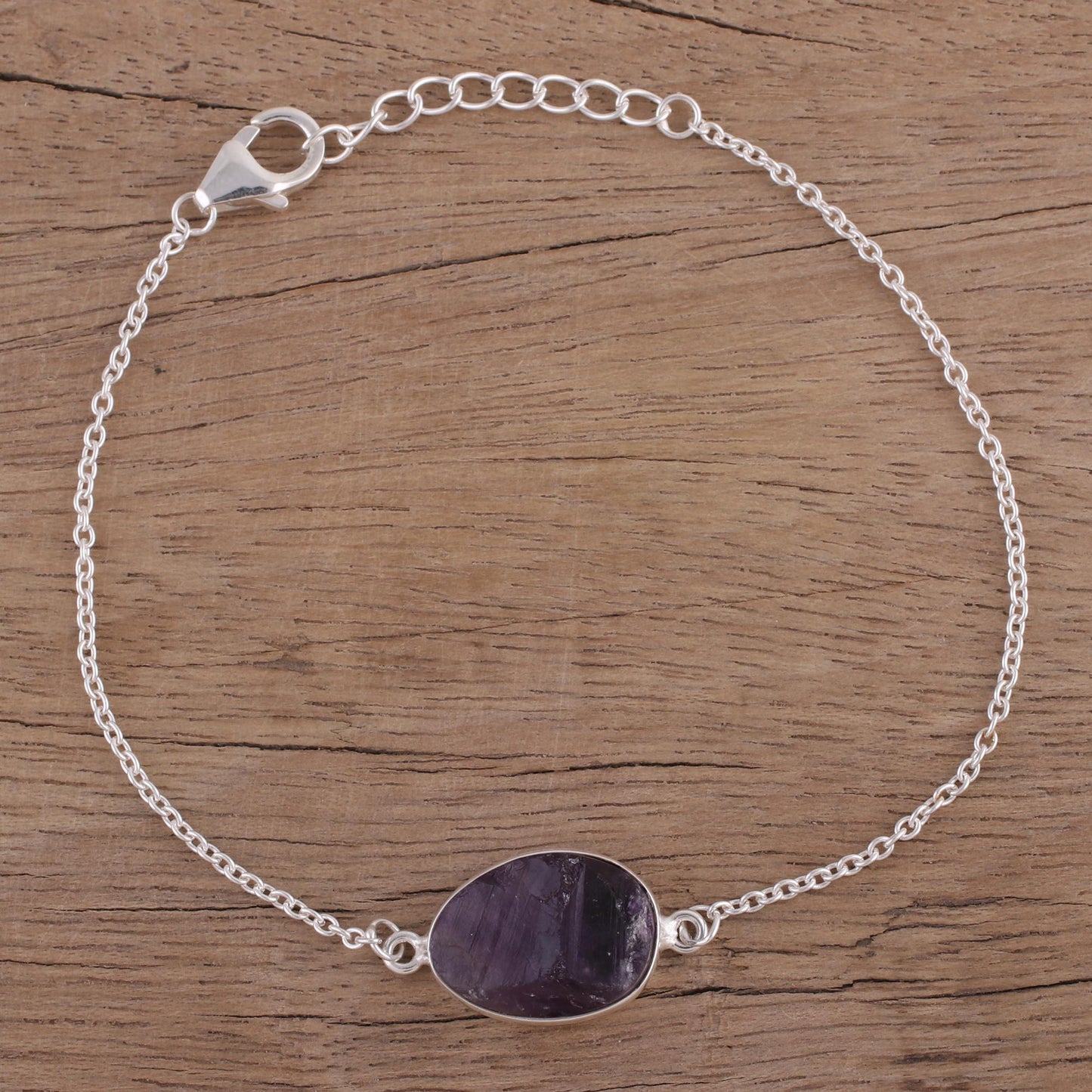 Trendy Egg Amethyst and Sterling Silver Pendant Bracelet from India