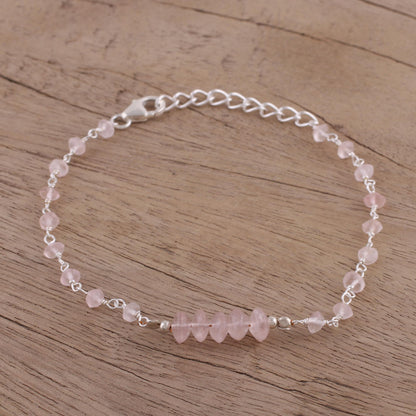 Luminous Pink Rose Quartz and Sterling Silver Link Bracelet from India