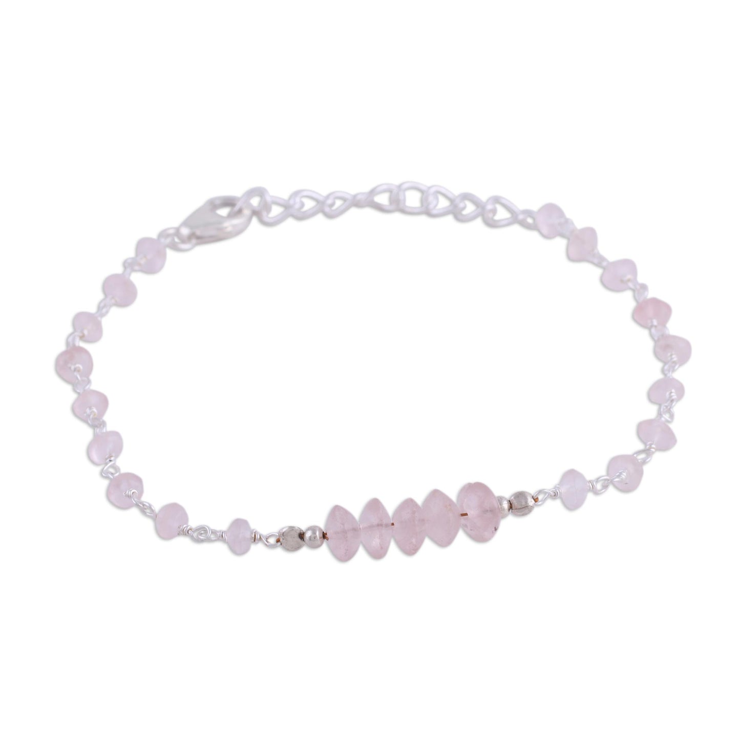 Luminous Pink Rose Quartz and Sterling Silver Link Bracelet from India