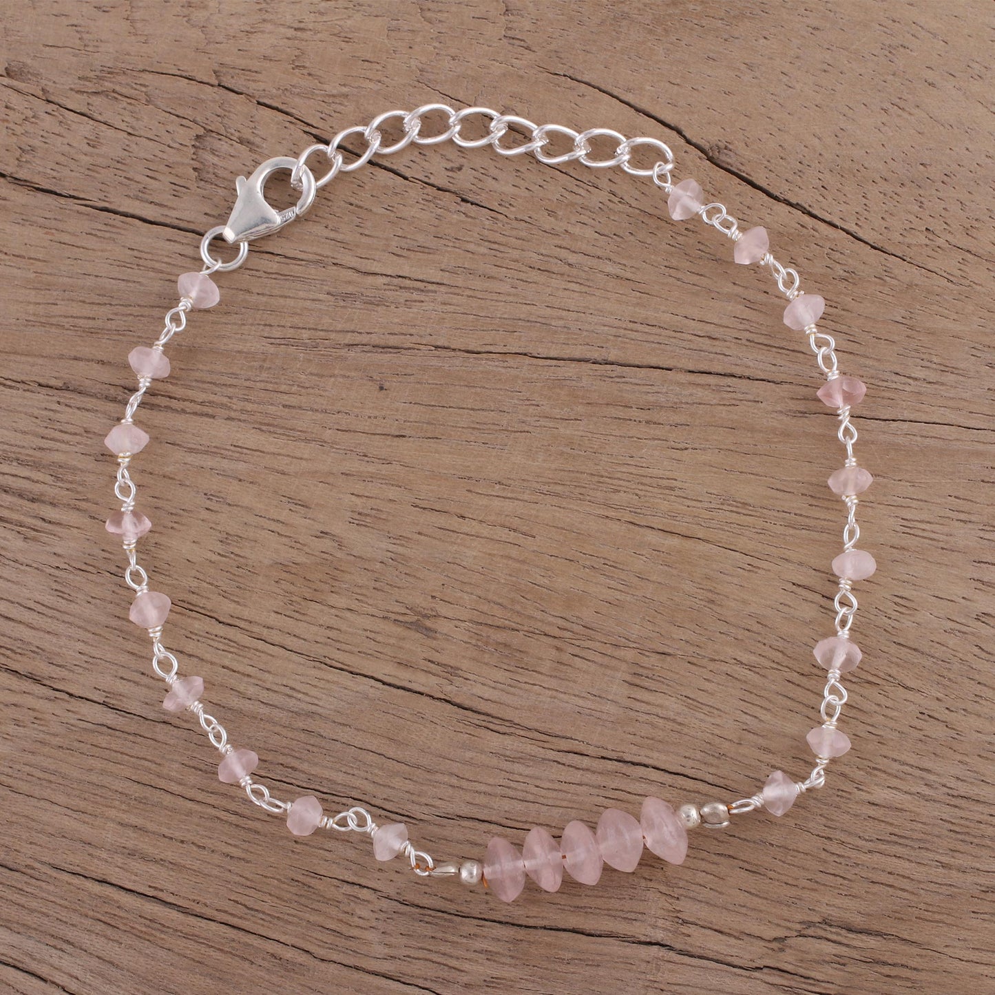 Luminous Pink Rose Quartz and Sterling Silver Link Bracelet from India