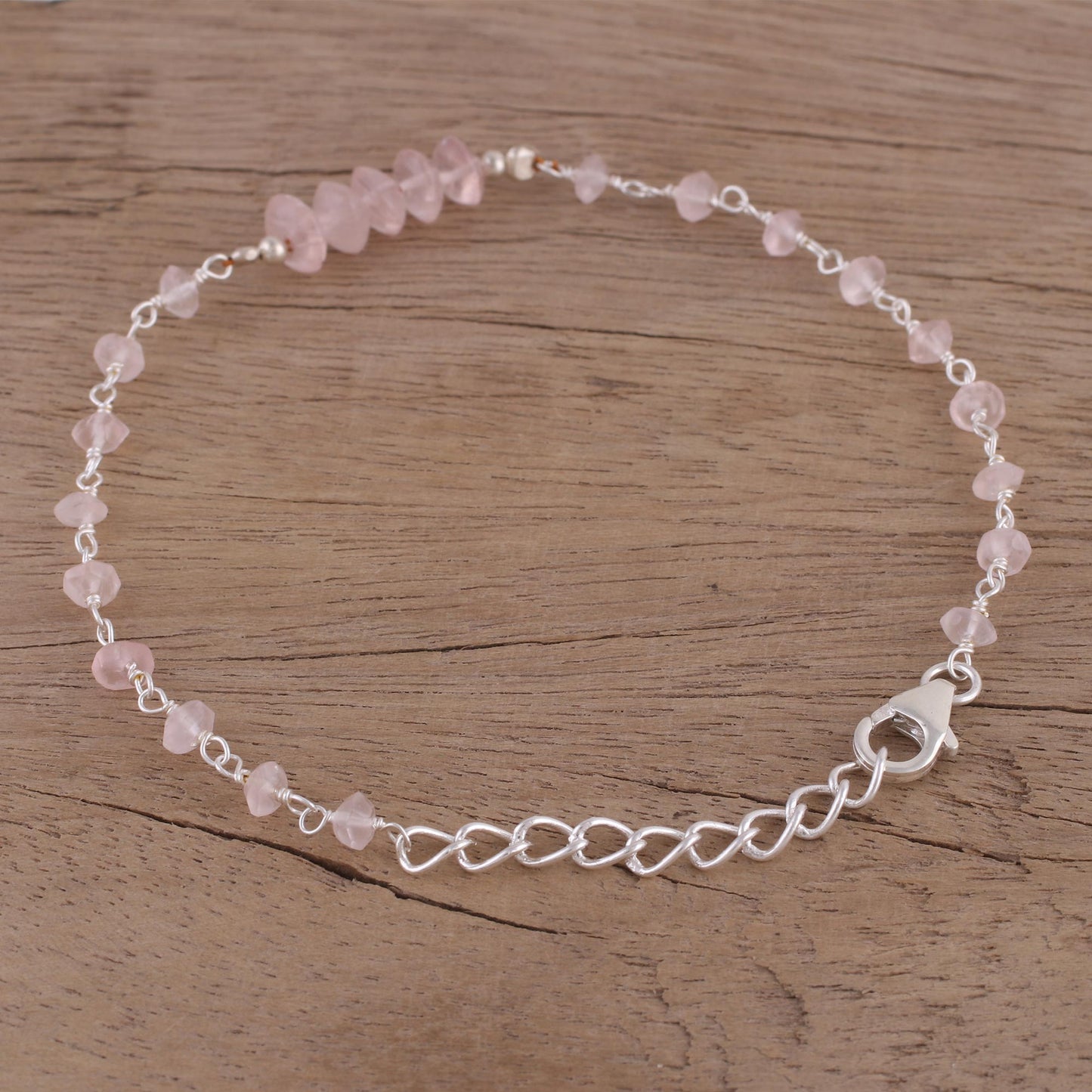 Luminous Pink Rose Quartz and Sterling Silver Link Bracelet from India