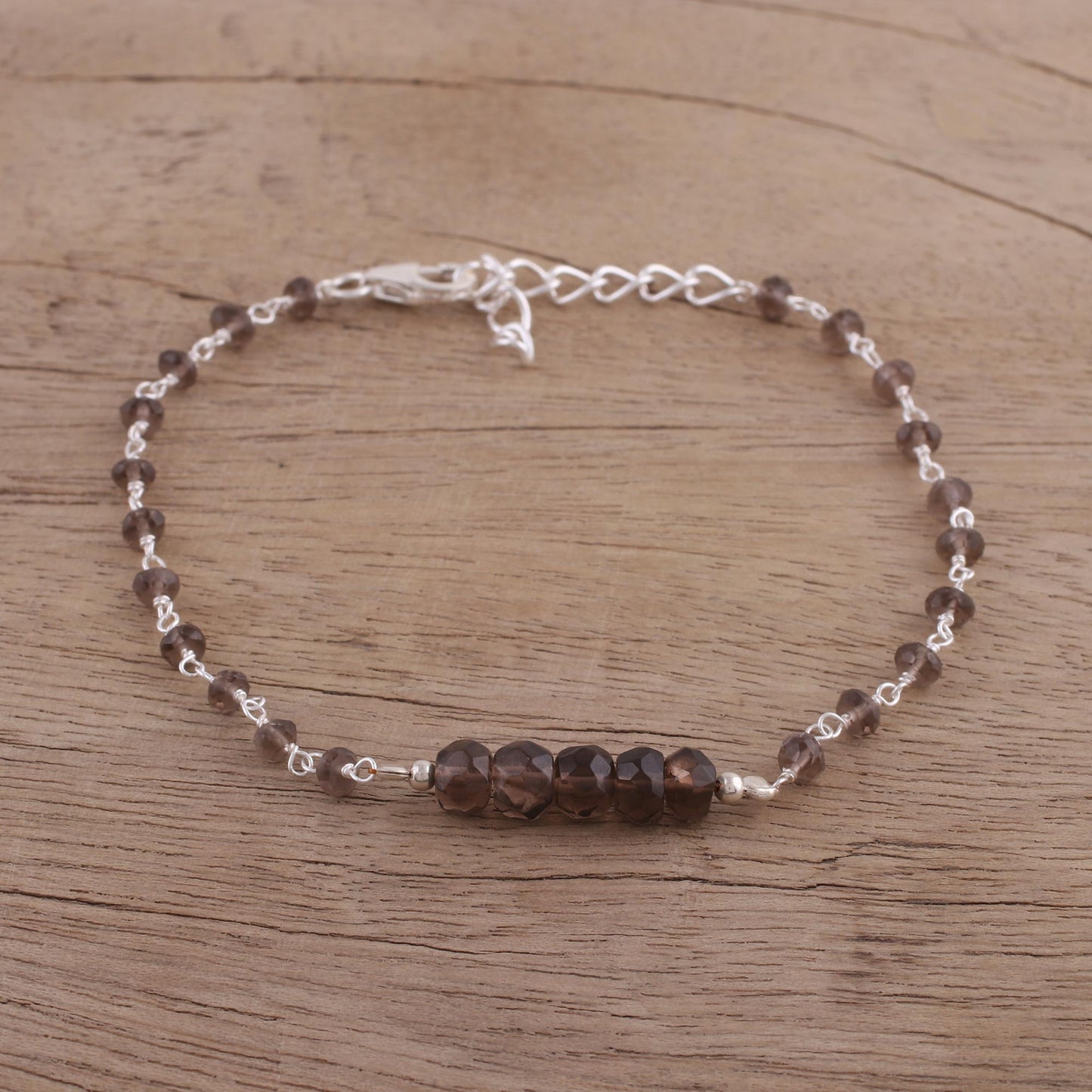 Luminous Brown Handcrafted Smoky Quartz and Sterling Silver Link Bracelet