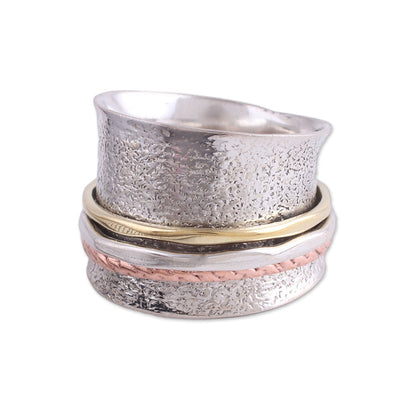 Stylish Textures Sterling Silver India Meditation Ring with Copper and Brass