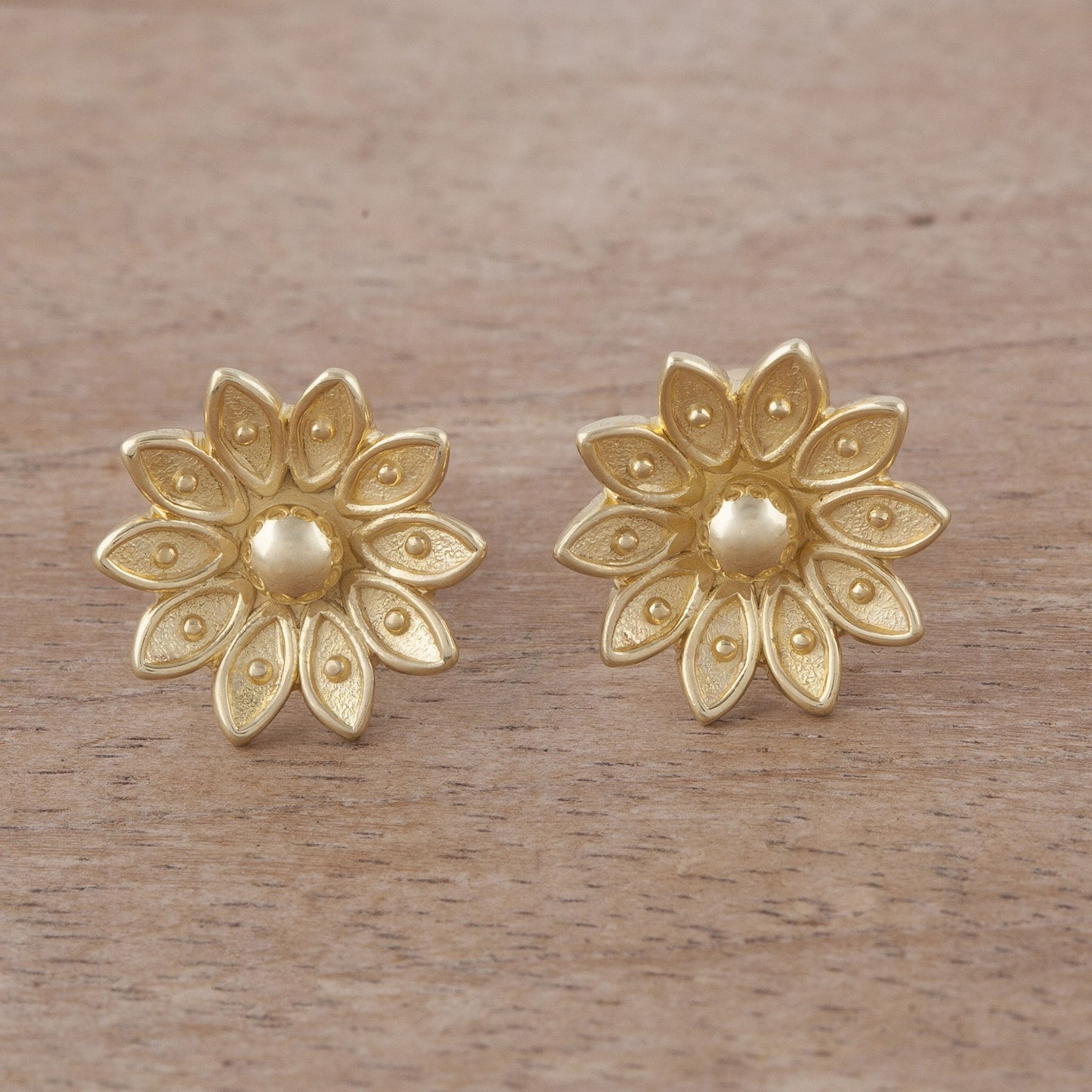 Gleaming Lotus Floral Gold Plated Sterling Silver Stud Earrings from Peru