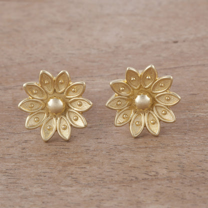 Gleaming Lotus Floral Gold Plated Sterling Silver Stud Earrings from Peru