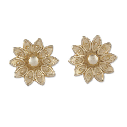 Gleaming Lotus Floral Gold Plated Sterling Silver Stud Earrings from Peru