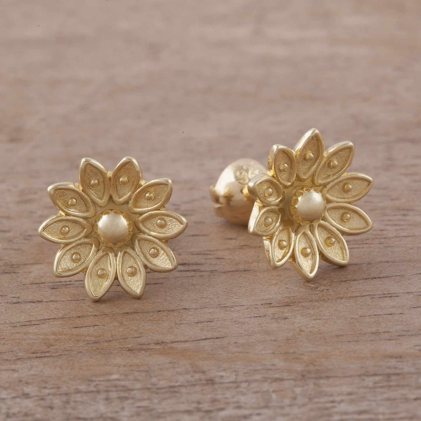 Gleaming Lotus Floral Gold Plated Sterling Silver Stud Earrings from Peru