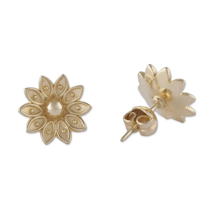 Gleaming Lotus Floral Gold Plated Sterling Silver Stud Earrings from Peru