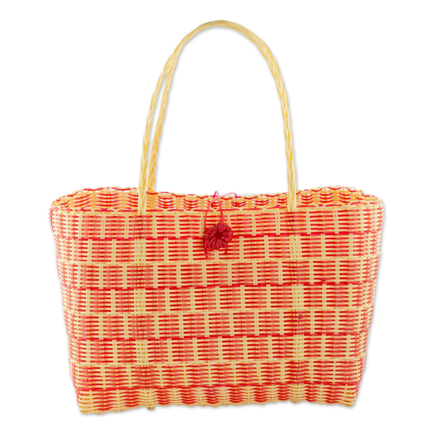 Delightful Day in Strawberry Handwoven Recycled Plastic Tote in Strawberry and Cornsilk