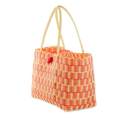 Delightful Day in Strawberry Handwoven Recycled Plastic Tote in Strawberry and Cornsilk