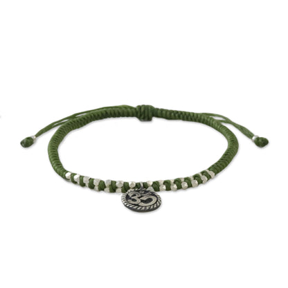 Ancient Om in Green Silver Om Charm Bracelet on Braided Green Cords