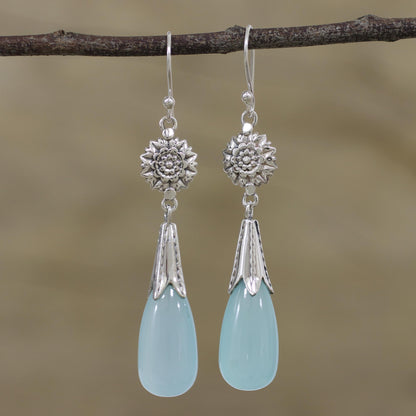 Floral Fruit Chalcedony and Silver Floral Dangle Earrings from India