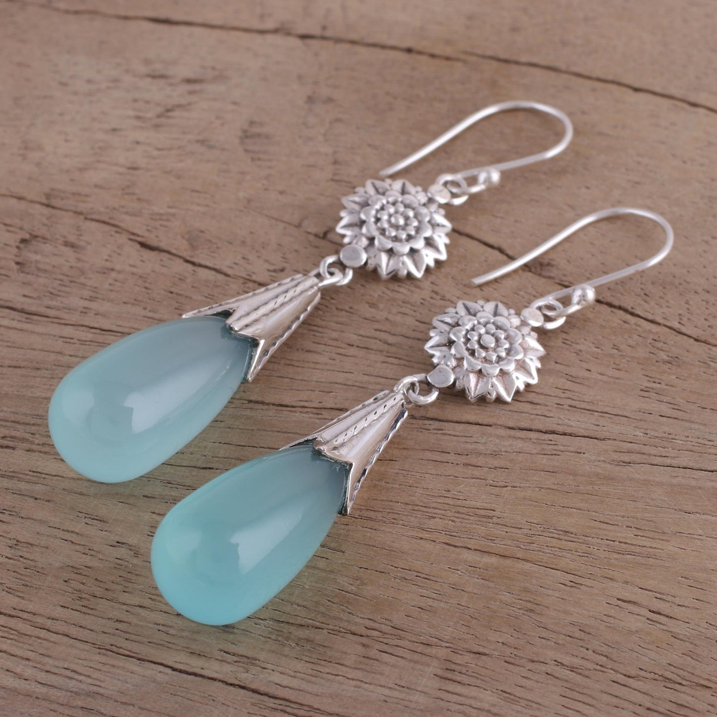 Floral Fruit Chalcedony and Silver Floral Dangle Earrings from India