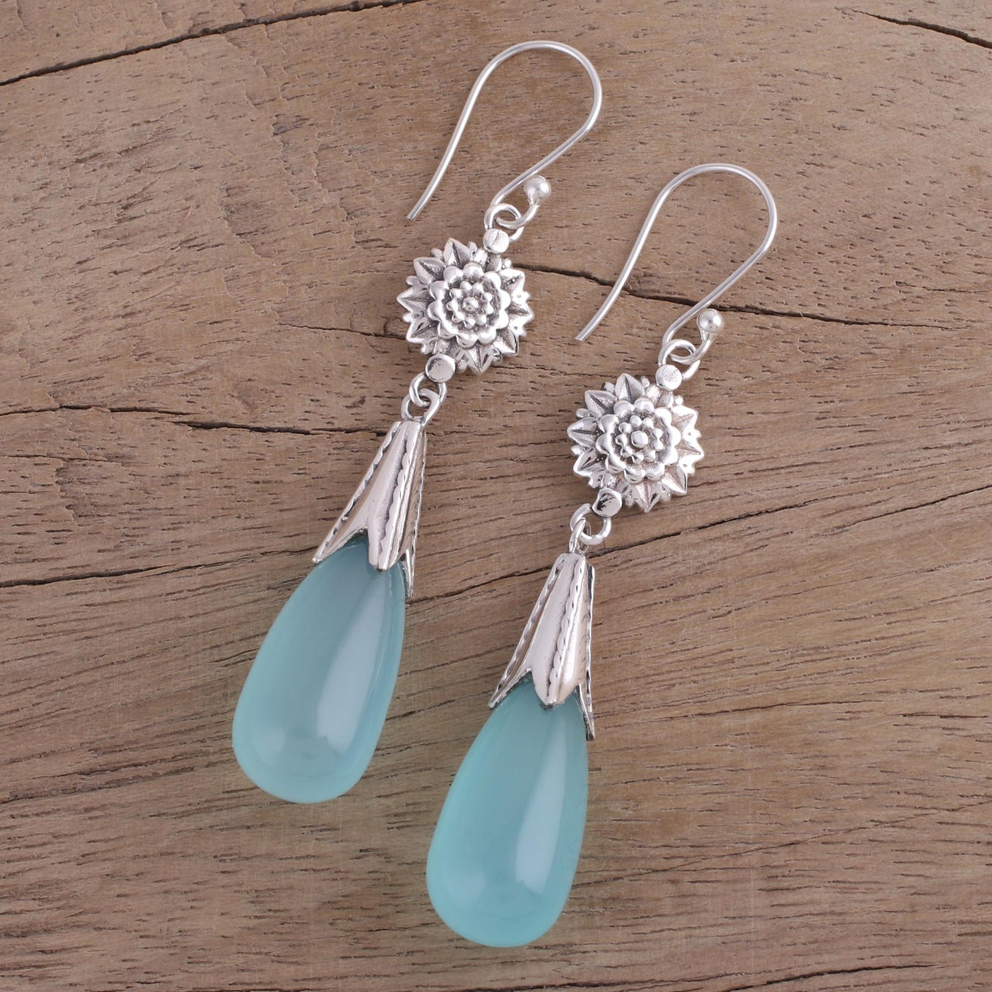 Floral Fruit Chalcedony and Silver Floral Dangle Earrings from India