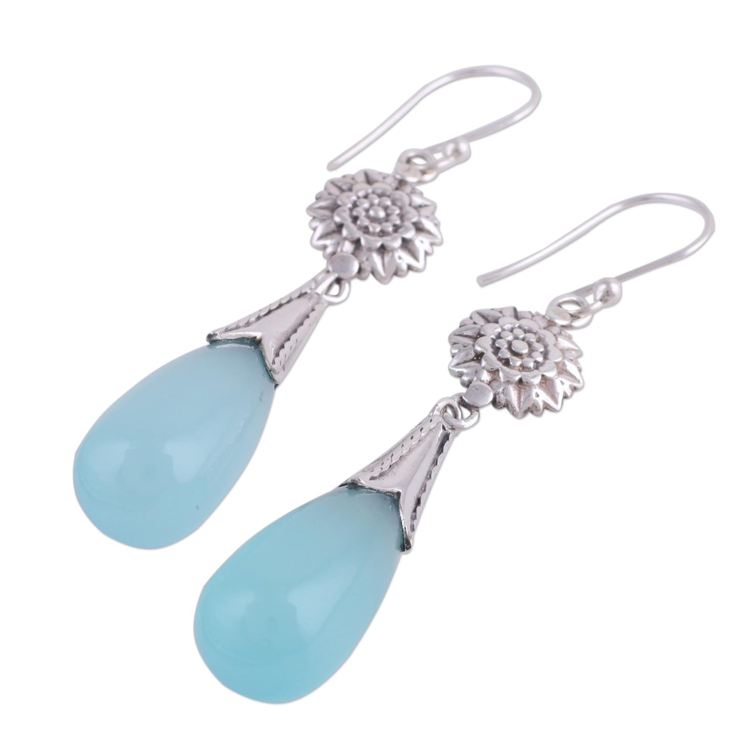 Floral Fruit Chalcedony and Silver Floral Dangle Earrings from India