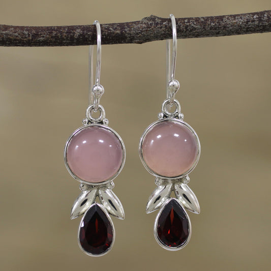 Radiant Gleam Garnet and Pink Chalcedony Dangle Earrings from India