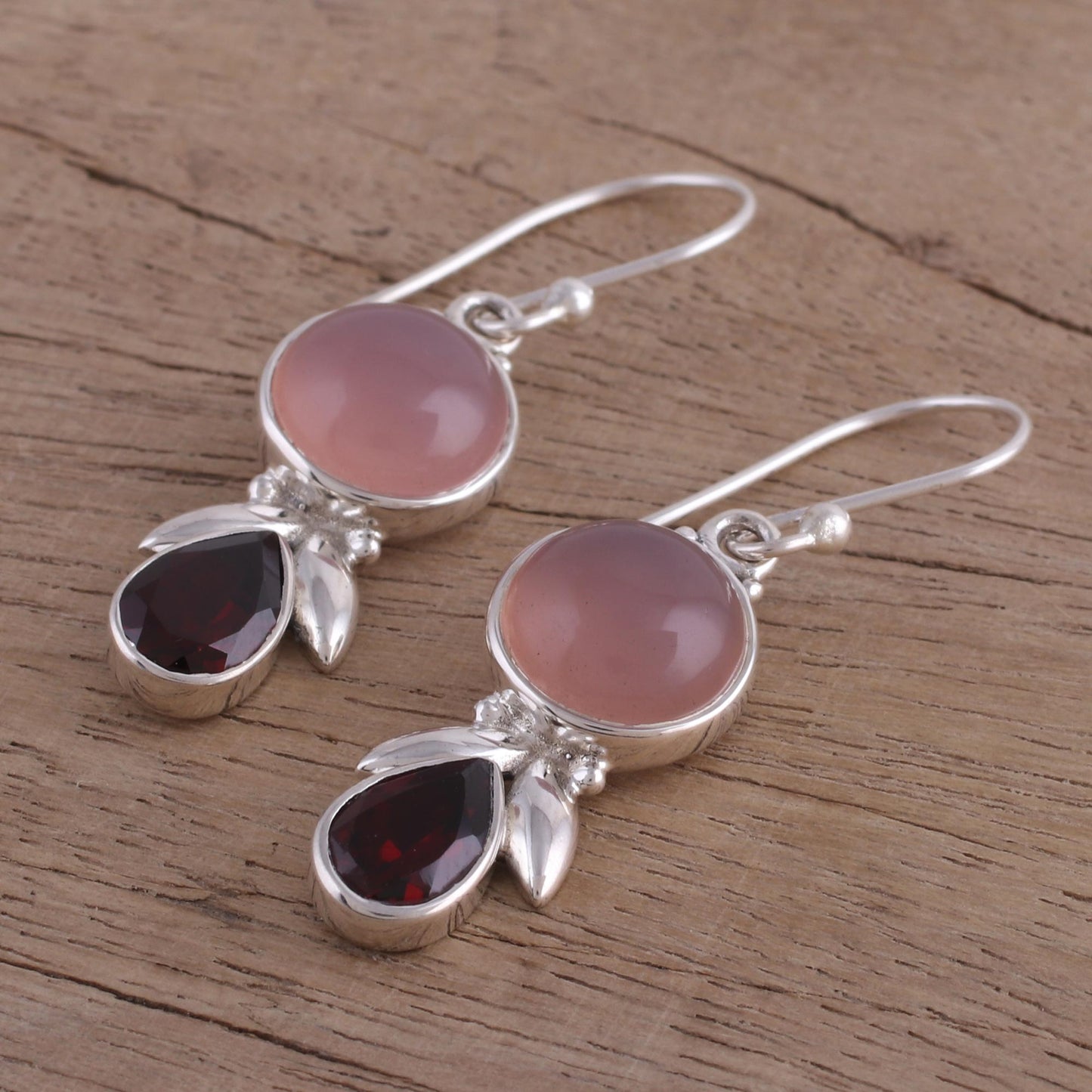 Radiant Gleam Garnet and Pink Chalcedony Dangle Earrings from India