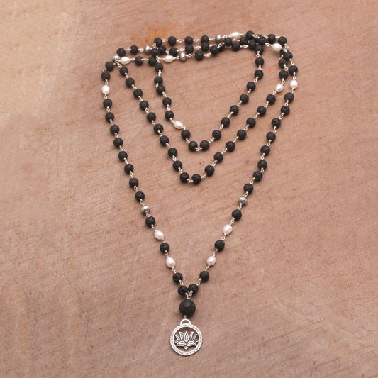 Lotus Power Cultured Pearl and Lava Stone Pendant Necklace from Bali