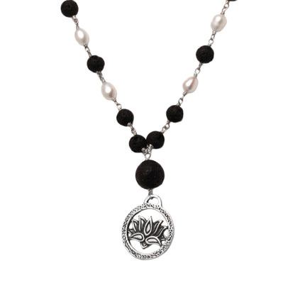 Lotus Power Cultured Pearl and Lava Stone Pendant Necklace from Bali