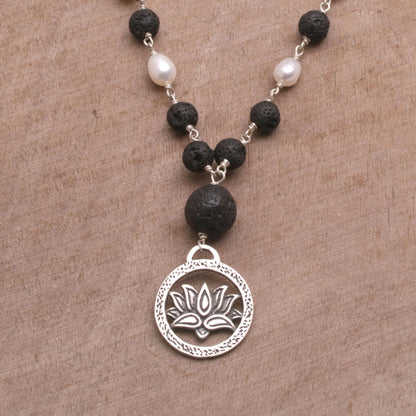 Lotus Power Cultured Pearl and Lava Stone Pendant Necklace from Bali