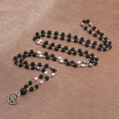 Lotus Power Cultured Pearl and Lava Stone Pendant Necklace from Bali