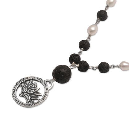 Lotus Power Cultured Pearl and Lava Stone Pendant Necklace from Bali