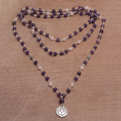 Lotus Power Amethyst and Rose Quartz Pendant Necklace from Bali