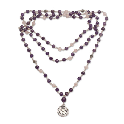 Lotus Power Amethyst and Rose Quartz Pendant Necklace from Bali