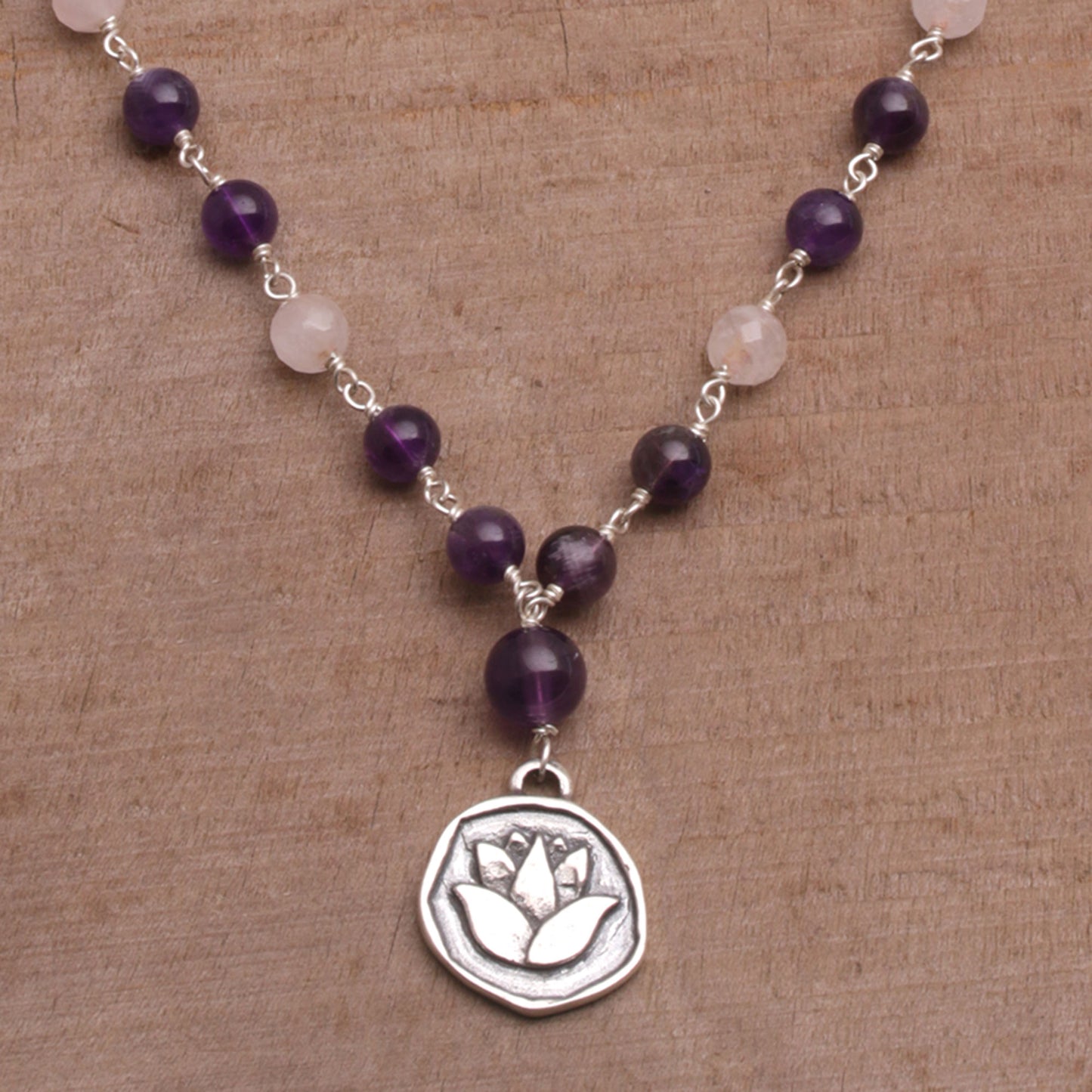 Lotus Power Amethyst and Rose Quartz Pendant Necklace from Bali