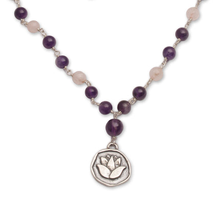 Lotus Power Amethyst and Rose Quartz Pendant Necklace from Bali