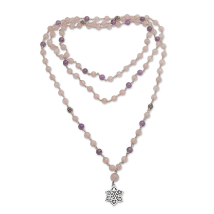 Unity in Meditation Floral Rose Quartz and Amethyst Pendant Necklace from Bali