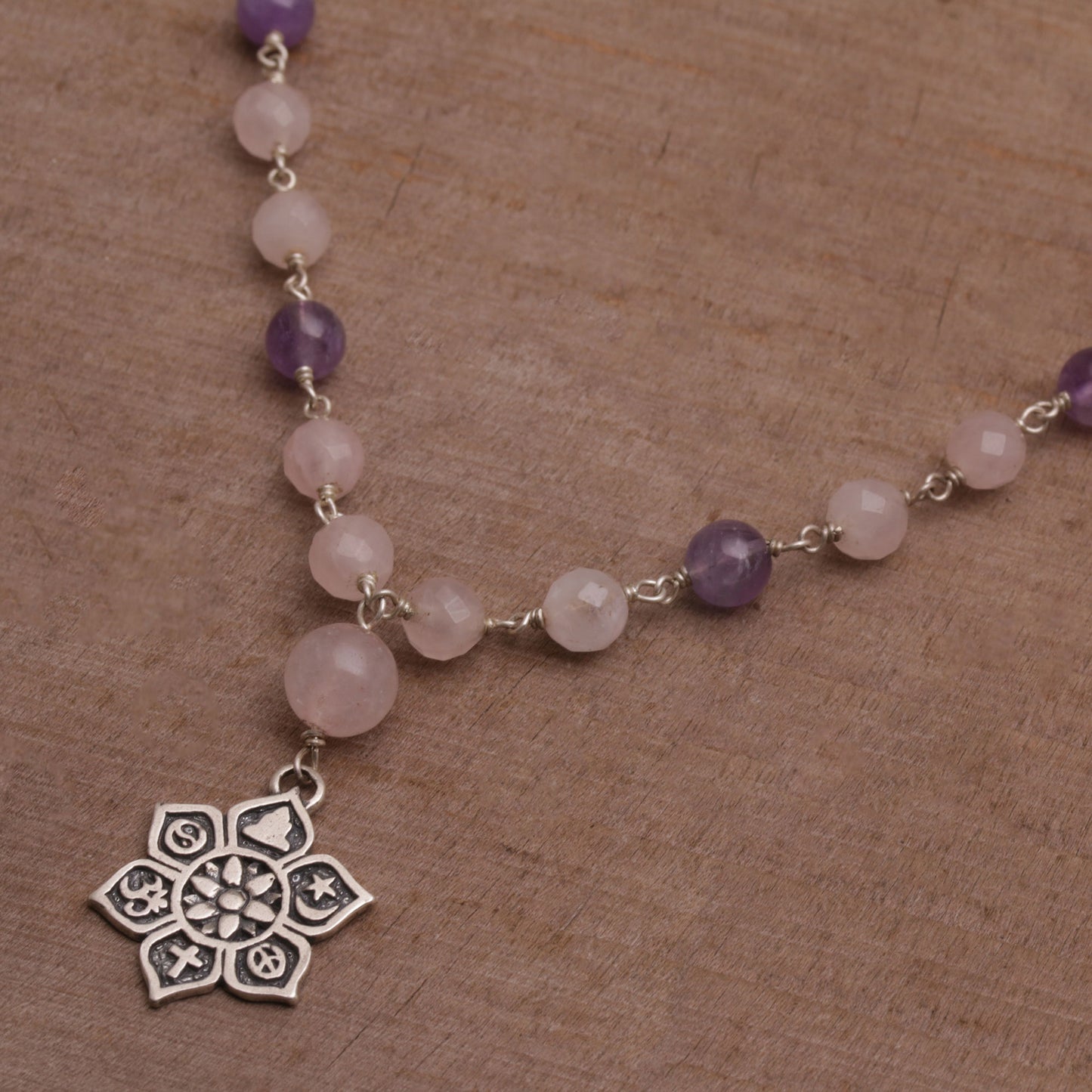 Unity in Meditation Floral Rose Quartz and Amethyst Pendant Necklace from Bali