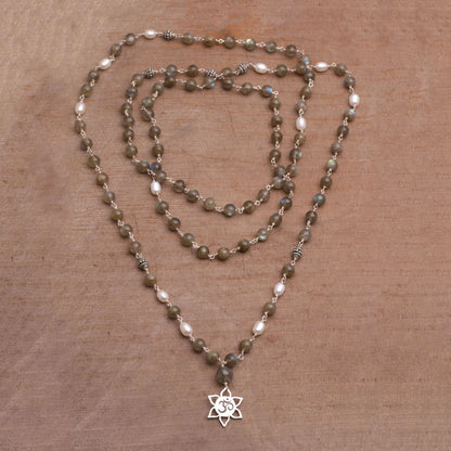 Om in Bloom Labradorite and Cultured Pearl Om Necklace from Bali