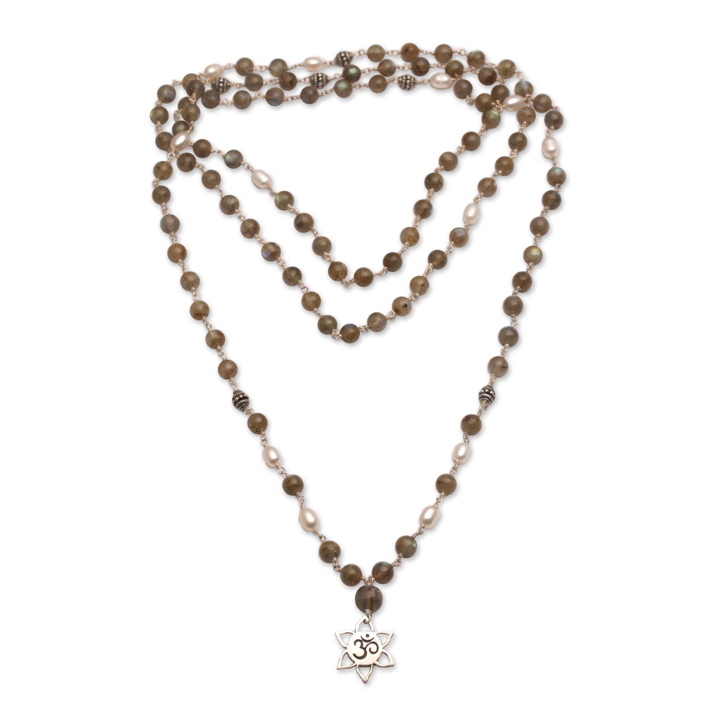 Om in Bloom Labradorite and Cultured Pearl Om Necklace from Bali