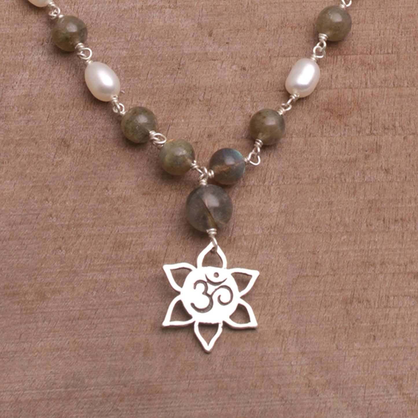 Om in Bloom Labradorite and Cultured Pearl Om Necklace from Bali