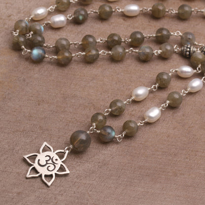 Om in Bloom Labradorite and Cultured Pearl Om Necklace from Bali