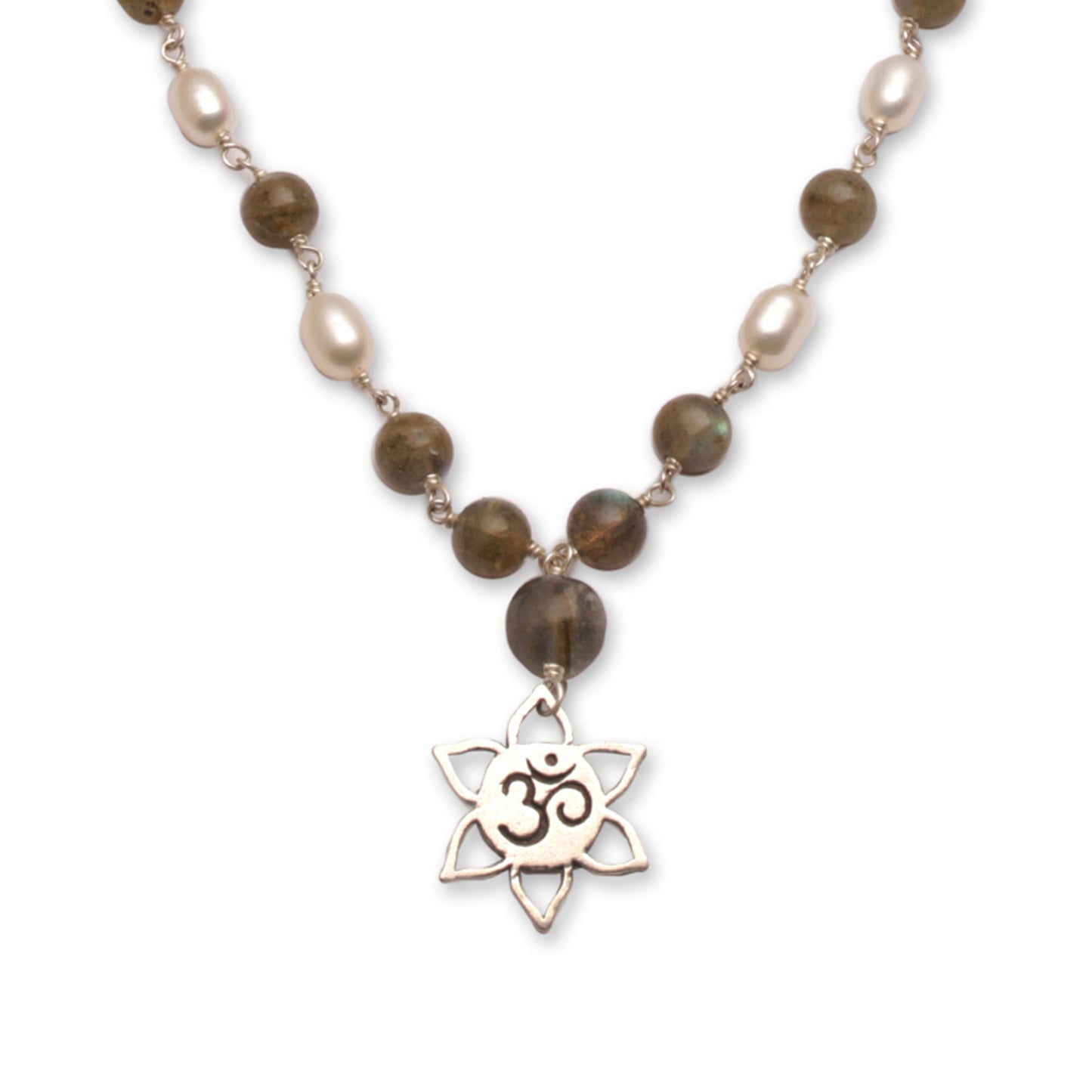 Om in Bloom Labradorite and Cultured Pearl Om Necklace from Bali