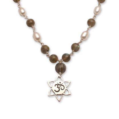 Om in Bloom Labradorite and Cultured Pearl Om Necklace from Bali