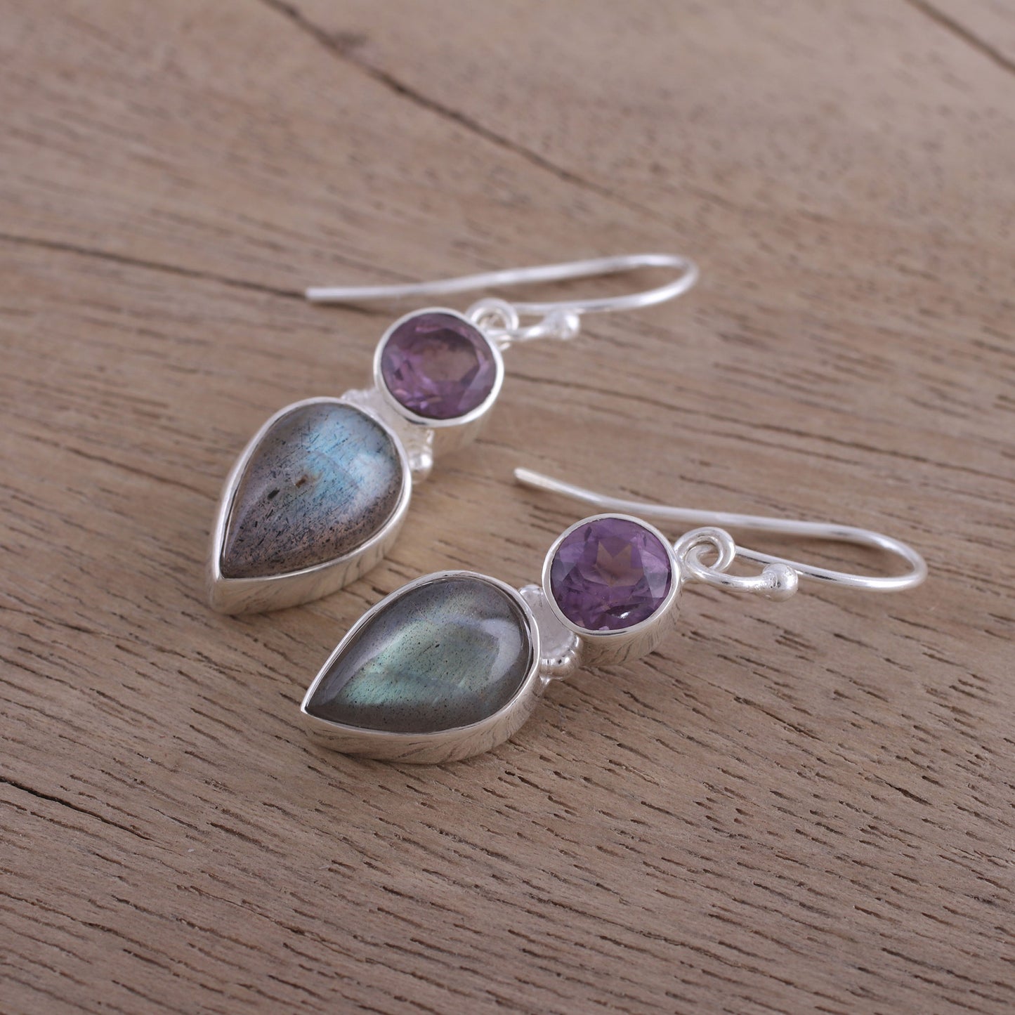 Dazzling Alliance Labradorite and Amethyst Dangle Earrings from India