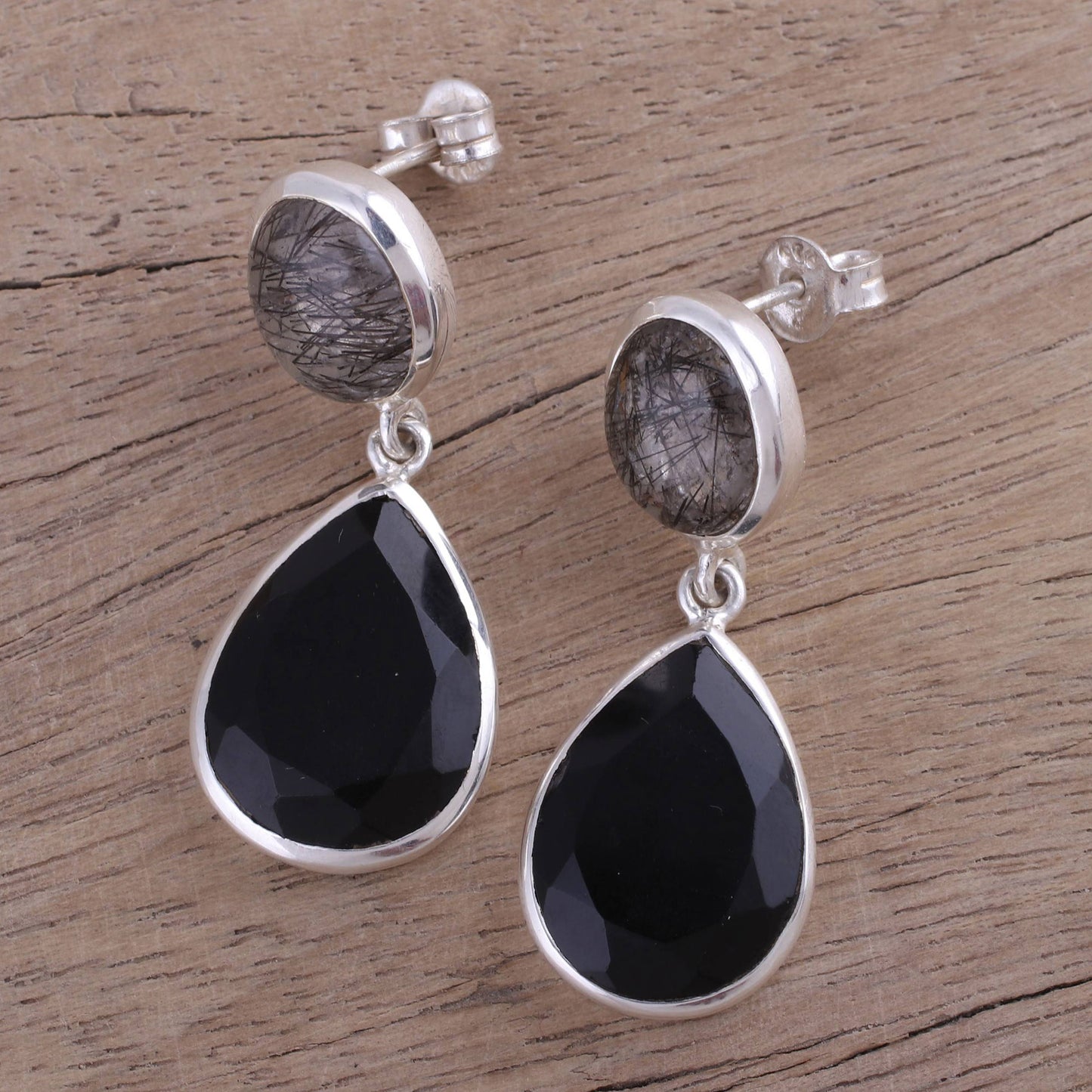 Alluring Onyx Black Onyx and Tourmalinated Quartz Dangle Earrings