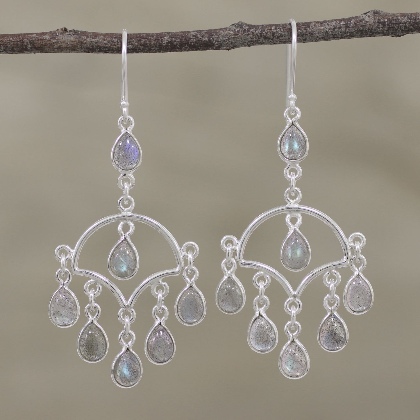 Majestic Raindrops Labradorite and Silver Chandelier Earrings from India