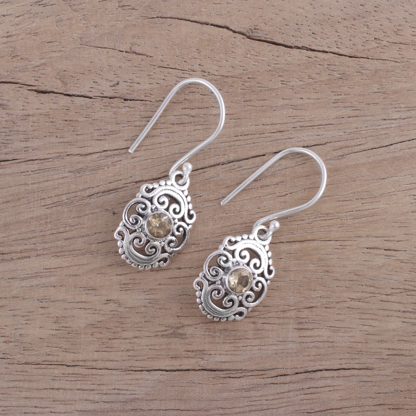 Sunny Swirls Openwork Citrine and Silver Dangle Earrings from India