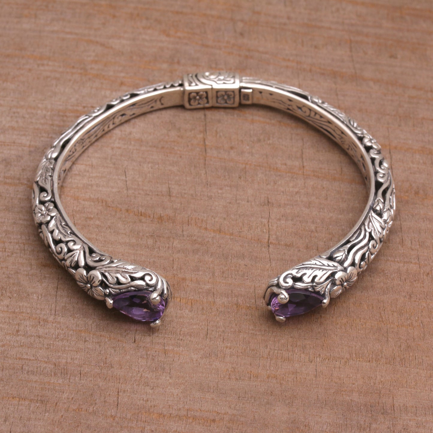 Transcendent Forest Floral Amethyst and Silver Cuff Bracelet from Bali