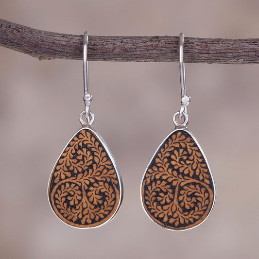 Enchanted Copse Leafy Sterling Silver and Pumpkin Shell Earrings from Peru