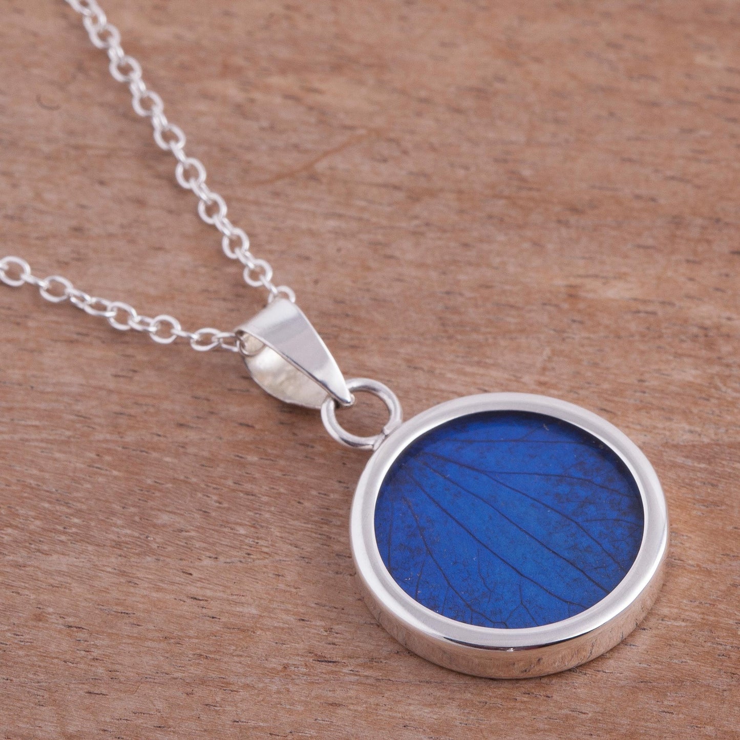 Blue Eden Sterling Silver and Natural Leaf Necklace in Blue from Peru