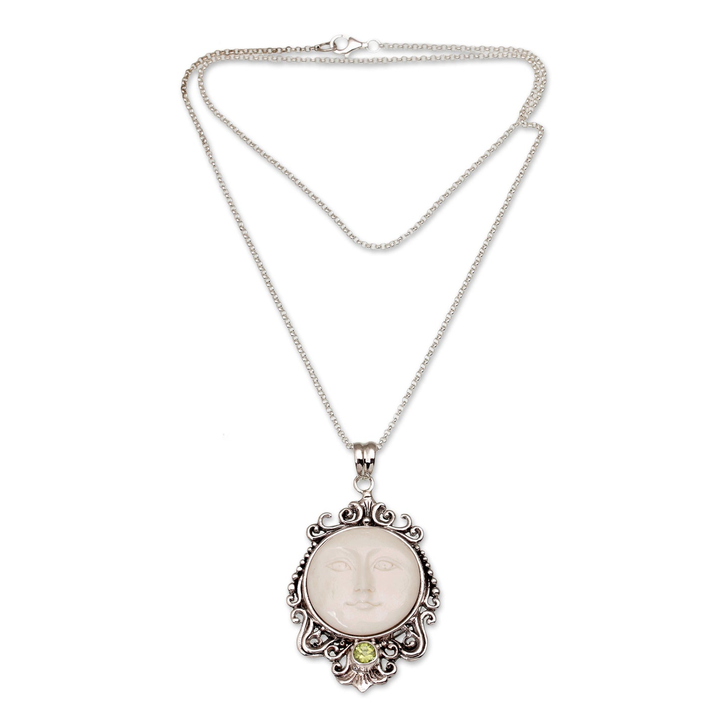 Moonlight Stare Peridot & Silver Bone Pendant Necklace