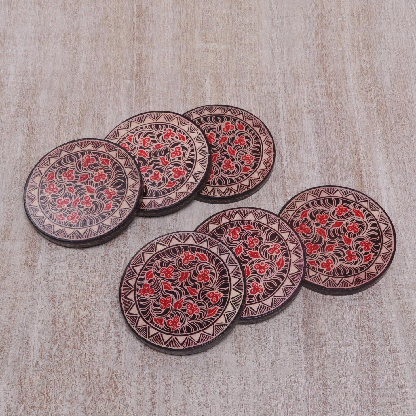 Phoenix Flowers Hand Stamped Wood Batik Coasters from Java (Set of 6)